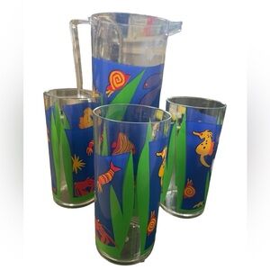 VTG Sara Anderson 1994 Tropical Fish Acrylic 3 Drinking Glasses Pitcher Set READ